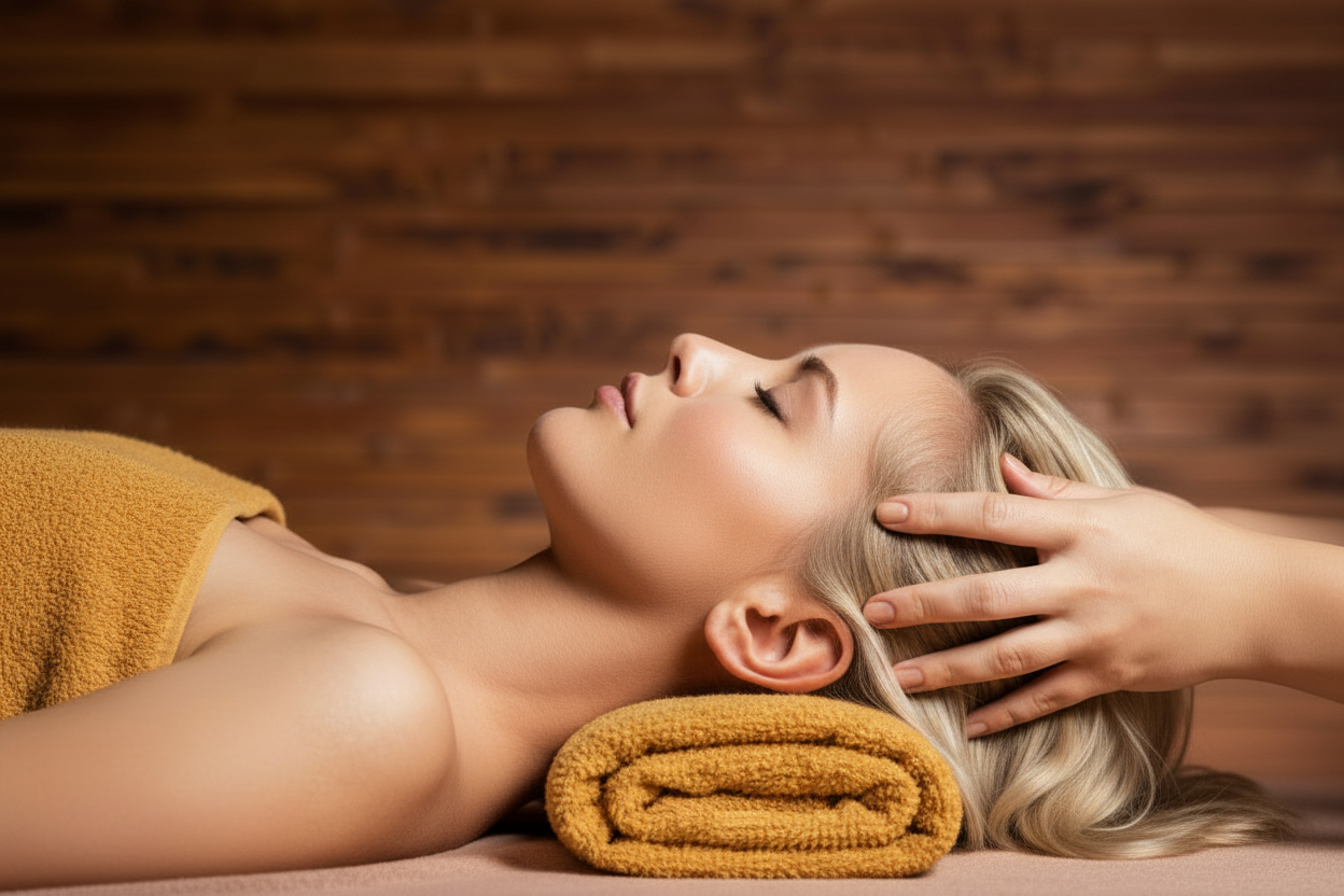 Indiase hoofdmassage met warme gele handdoek onder het hoofd