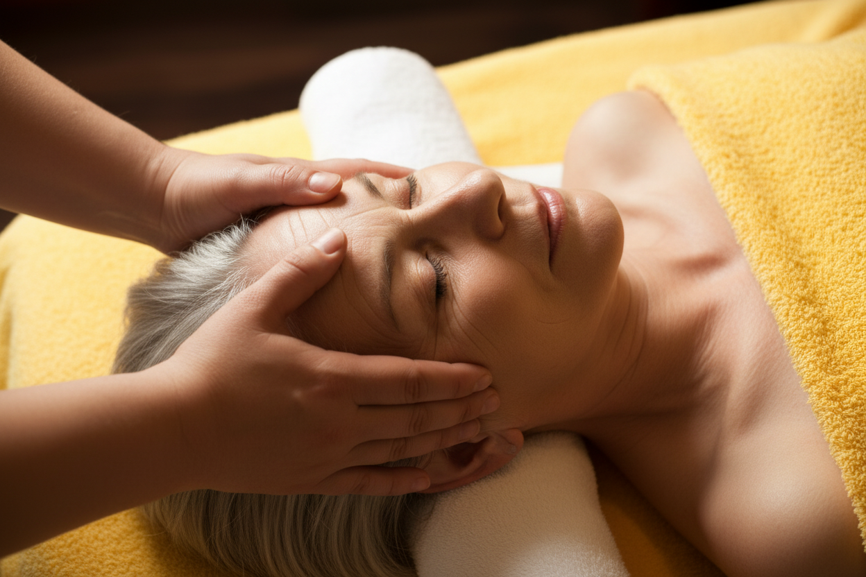 Massage met oudere vrouw op gele handdoek