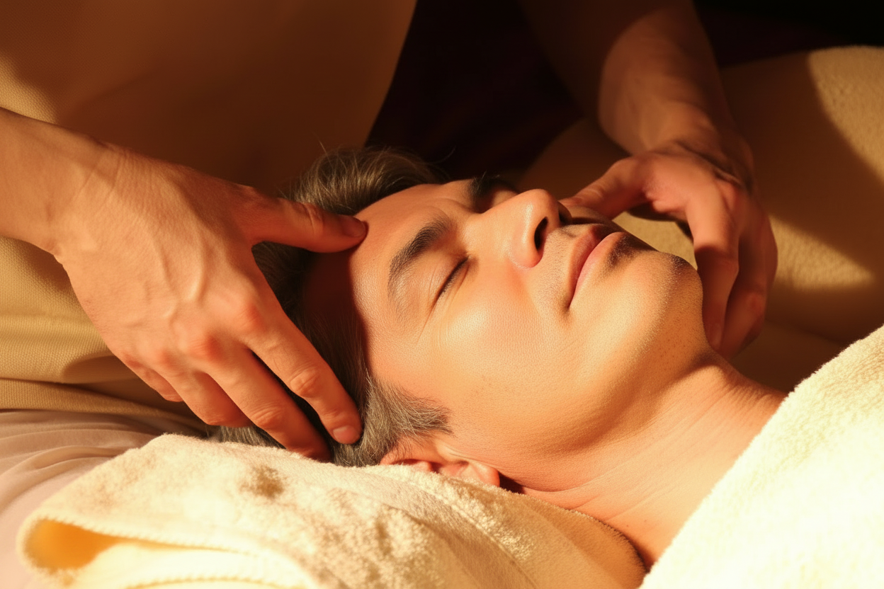 Oudere man met rimpels hoofdmassage gele handdoek